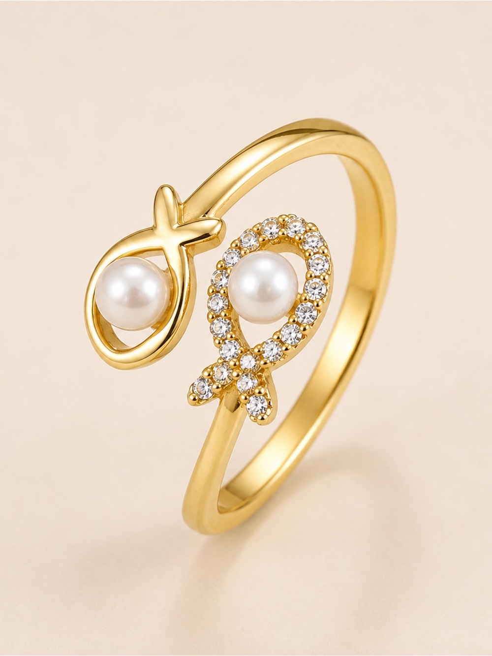 Adjustable 14k Gold with Pearl & Zircon Accents Ring | Fish Infinity Design